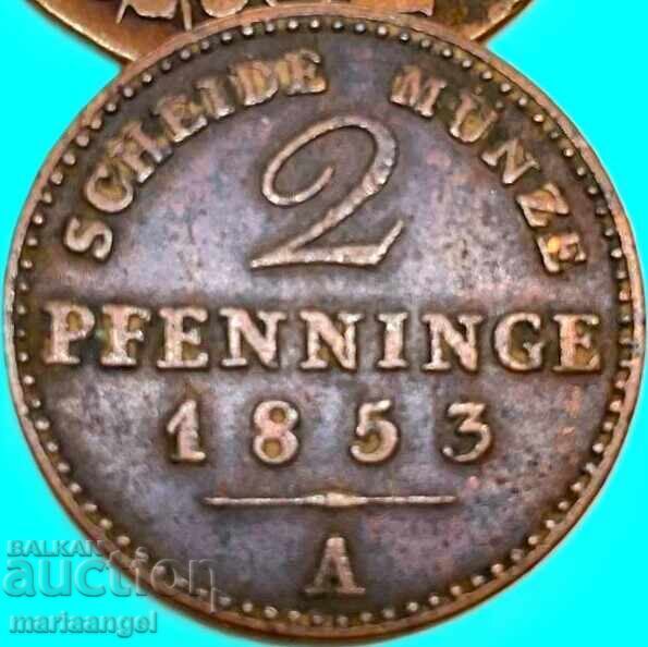 Παράδοση 2 Pfennig 1853 Πρωσία Γερμανία χάλκινο νόμισμα