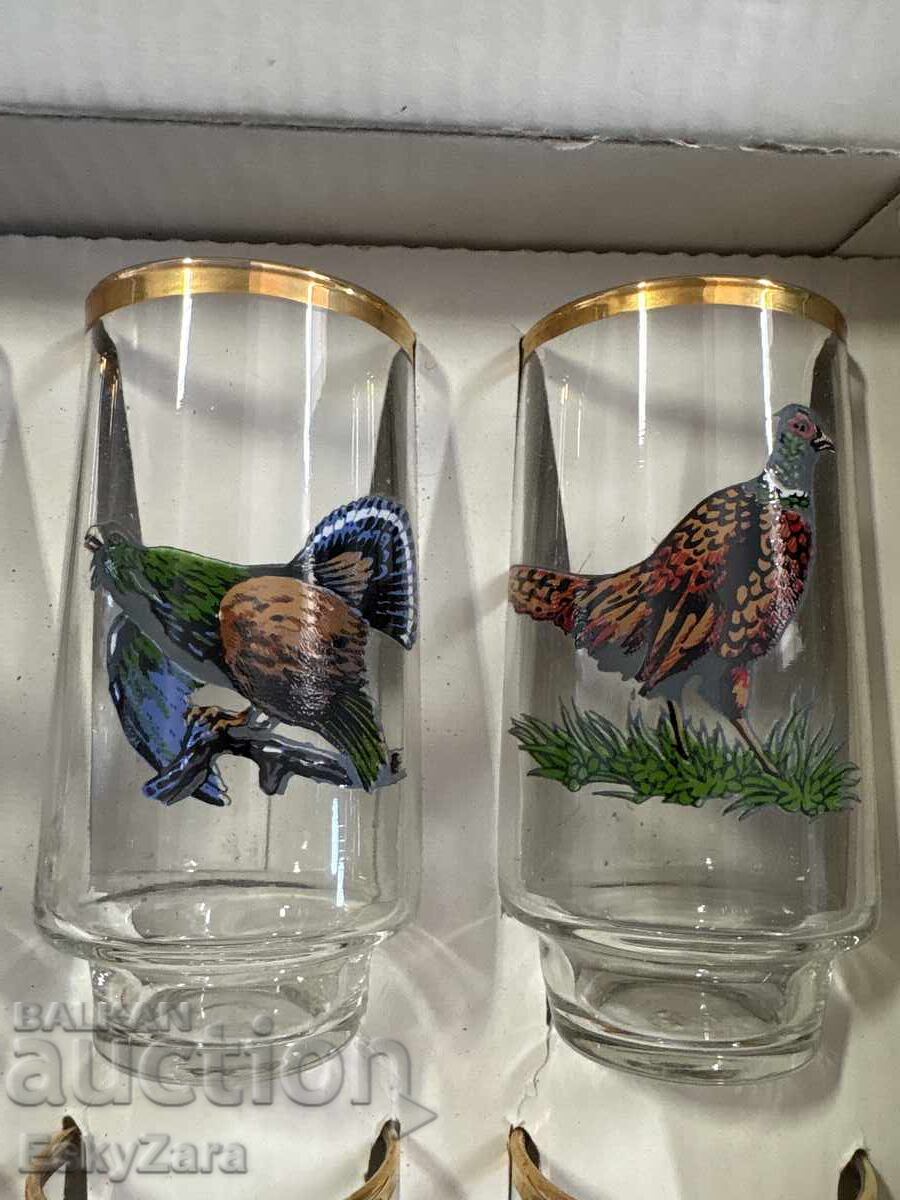 Auction  Set of hunting whiskey / rakia glasses with wild animals