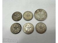 6 Редки български монети сребро 50 ст. 1891, 1912 и 1 динар